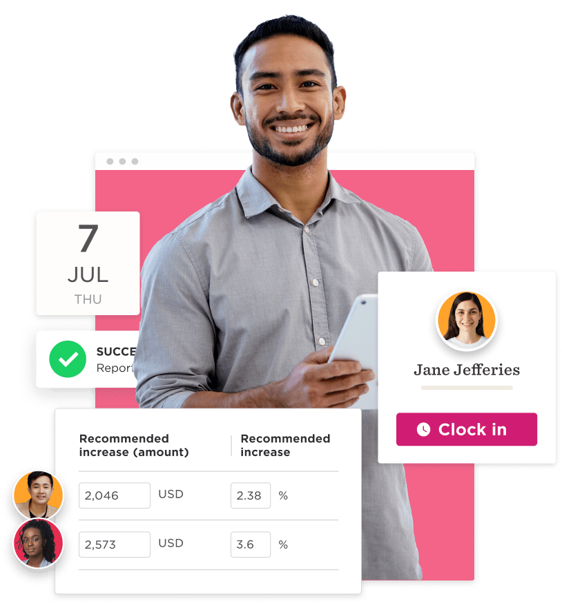man smiling with phone, statistics on productivity increase, user dashboard interface, employee performance insights, task management