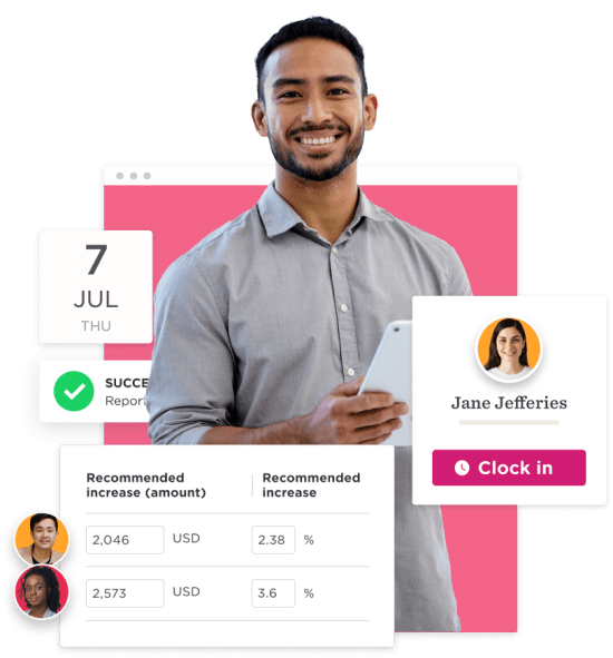 man smiling with phone, statistics on productivity increase, user dashboard interface, employee performance insights, task management