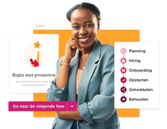 vrouw met een glimlach en een blazer, presentatie van stappen in een proces voor promotie en onboarding, promotie en onboarding proces visualisatie