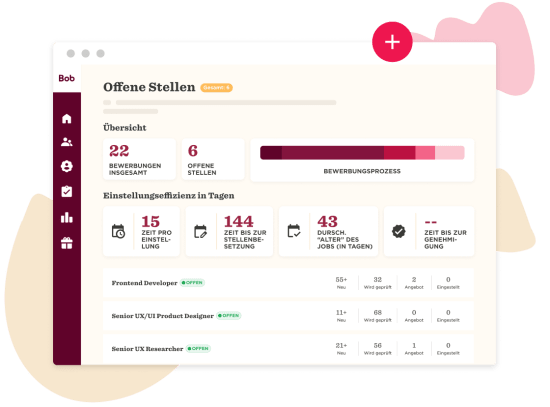 job overview dashboard, recruitment statistics and open positions displayed in a digital interface