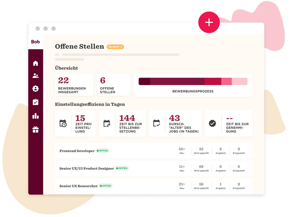job overview dashboard, recruitment statistics and open positions displayed in a digital interface