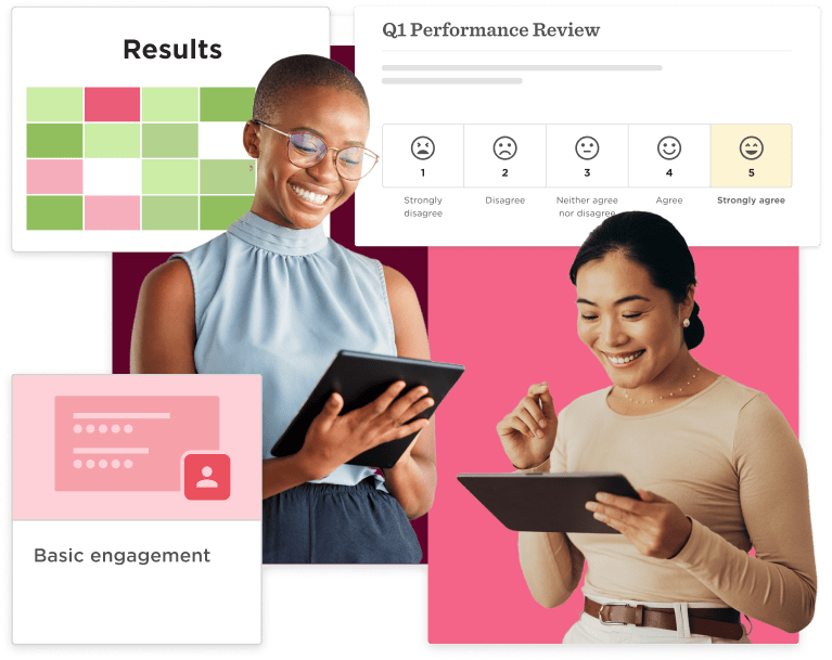 performance review, employees reviewing results on digital devices with engagement metrics displayed