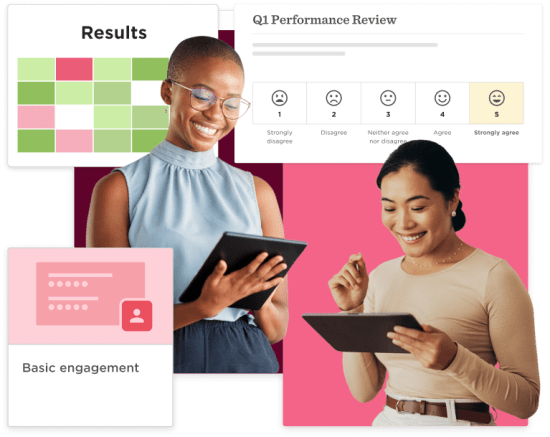 performance review, employees reviewing results on digital devices with engagement metrics displayed