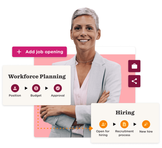 Add job opening, Workforce planning with hiring process and smiling woman in professional attire, promoting recruitment.