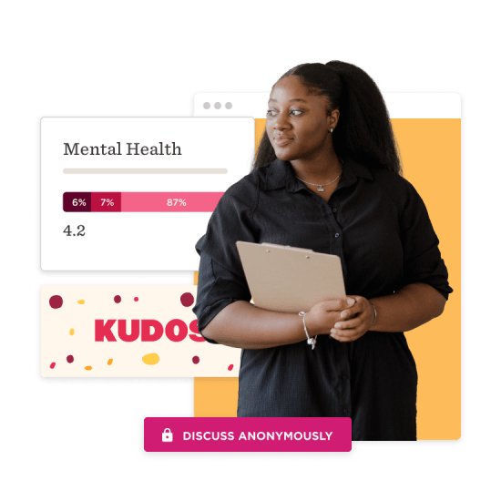 Mental health discussion with a chart, a young woman holding a clipboard, and "Kudos" highlight for engagement. , mental-health, kudos