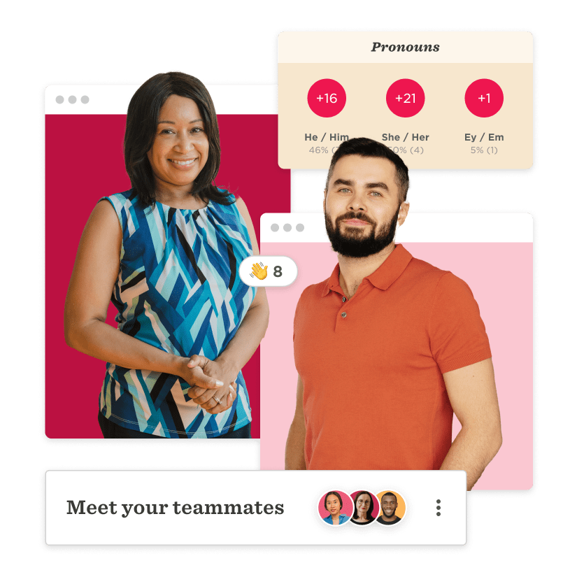 team members smiling, showcasing pronouns and welcoming interaction in a colorful, engaging design, team introduction with diverse representation