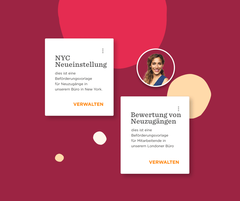 NYC Mitarbeiter Neueinstellungen und Bewertungen - Kartenelemente auf buntem Hintergrund, Bürovorschläge für New York und London