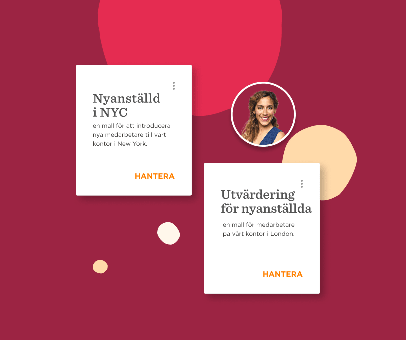 Nyanställd i NYC and Utvärdering för nyanställda cards on a vibrant background with illustrations and a profile image, Employee onboarding and evaluation templates with vibrant design elements.