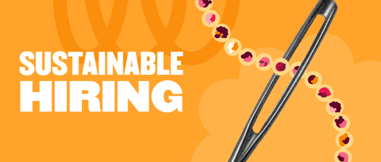 sustainable hiring graphic with bold text on orange background, featuring a needle and colorful beads representing diversity, hiring diversity sustainability illustration