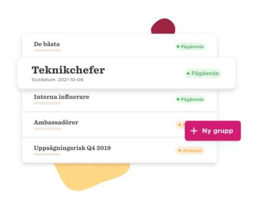 Teknikchefer list with tasks, statuses, and an option to create a new group in a colorful interface. , task list, user interface