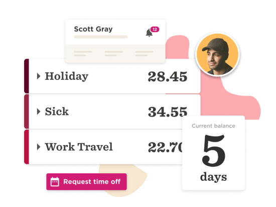 Scott Gray's time-off balance displaying Holiday, Sick, and Work Travel days with a request button, Current balance of 5 days off.
