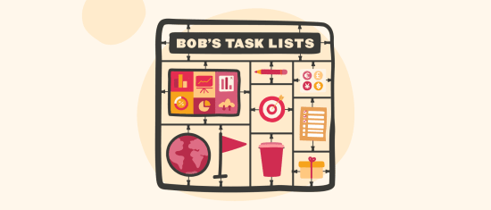 Bob's task list features graphs, icons, and checklists for organized productivity planning, Colorful layout with task management visuals
