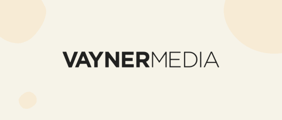 VAYNERMEDIA logo in bold black font on a soft beige background with abstract shapes, representing a modern brand identity., VAYNERMEDIA, logo
