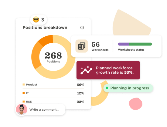 positions breakdown chart, workforce planning statistics with growth rate and worksheet status indicators